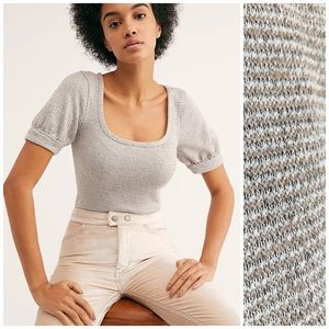 Free People Grey / Tan / Metallic Knit Double Bubble Sleeve Scoop Neck Top